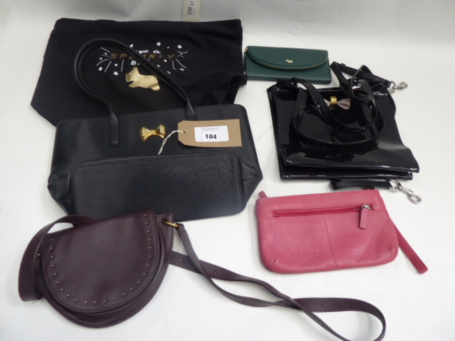 A selection of 6 bags: a small Ted Baker pvc tote bag, a Ted Baker handbag, 2 Radley purses, a
