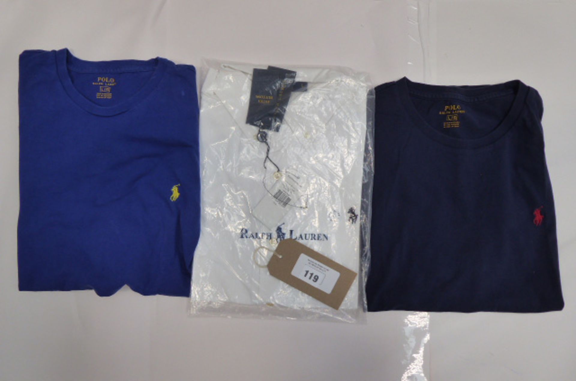 Polo Ralph Lauren white shirt size large and two blue PoloRalph Lauren t-shirts size large (used)