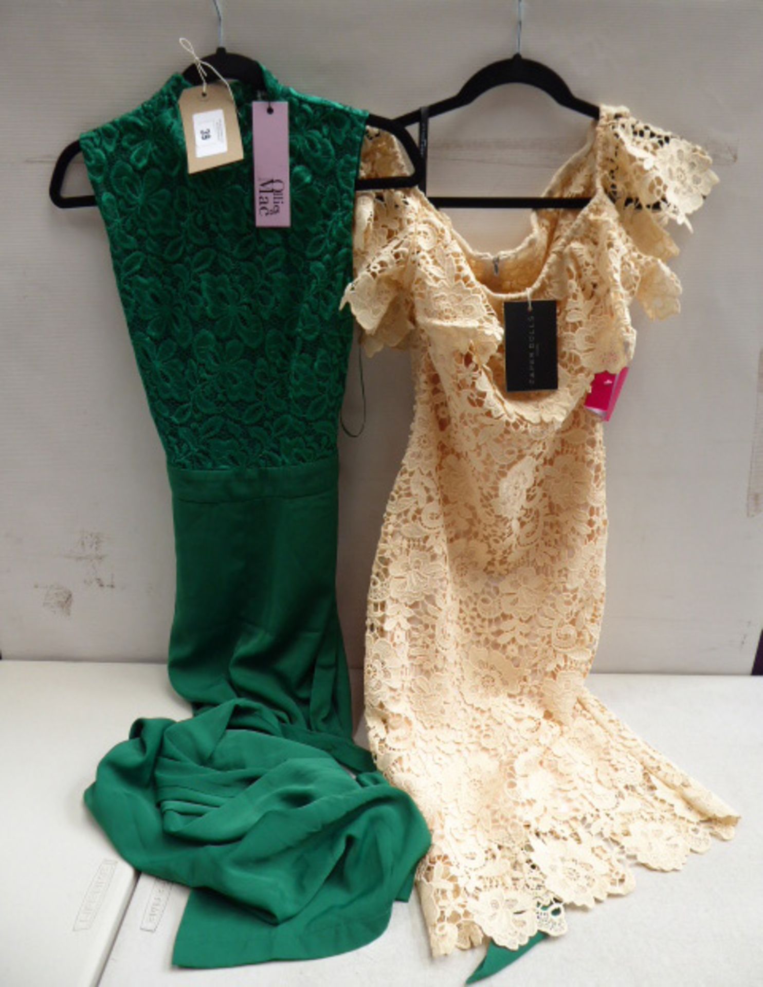 Ollie & Mac green jumpsuit size 10 and Paper Dolls London cream lace dress size 10