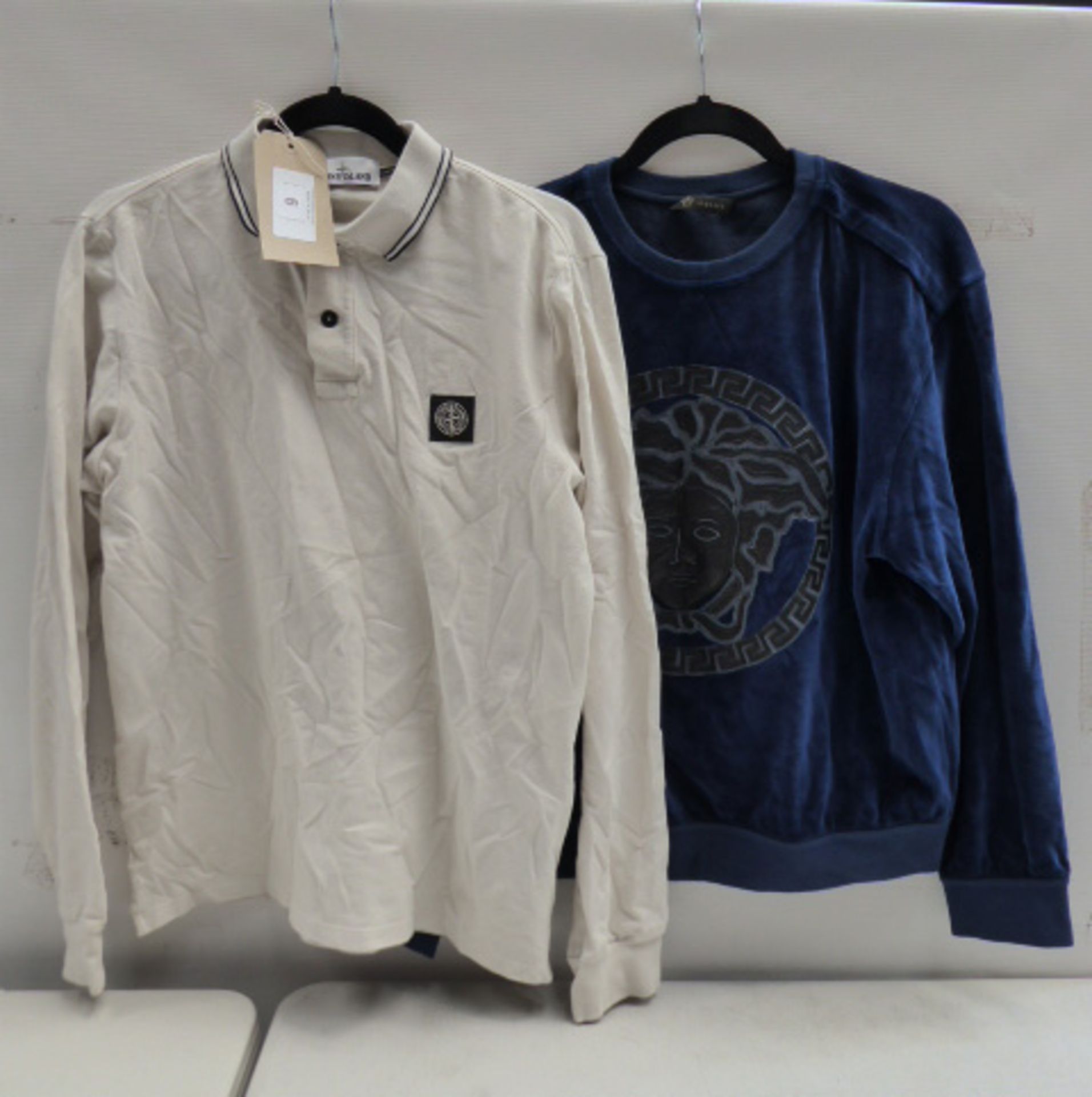 Stone Island beige polo shirt size large (used) and Versace blue velour sweatshirt size large (used)