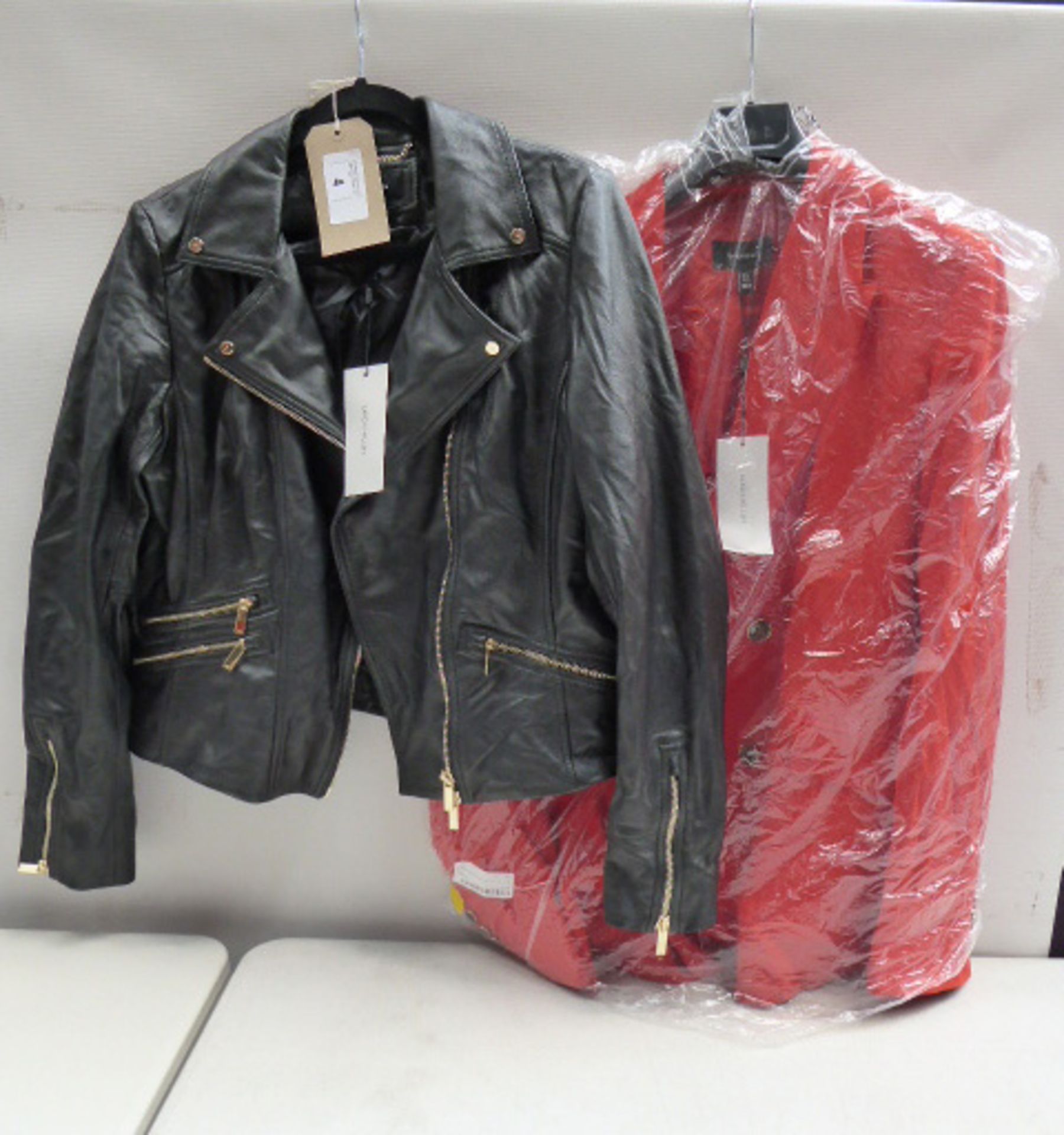 Karen Millen black leather biker jacket size 16 and Karen Millen orange jacket size 16