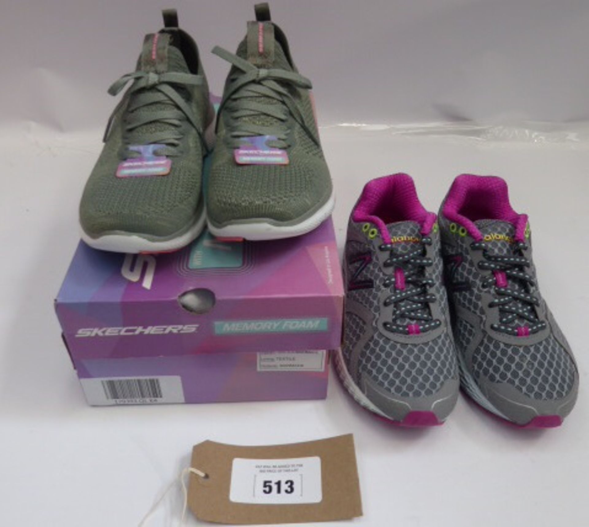 A pair of grey/pink New Balance running trainers UK 4 and a pair of Sketchers memory foam trainers