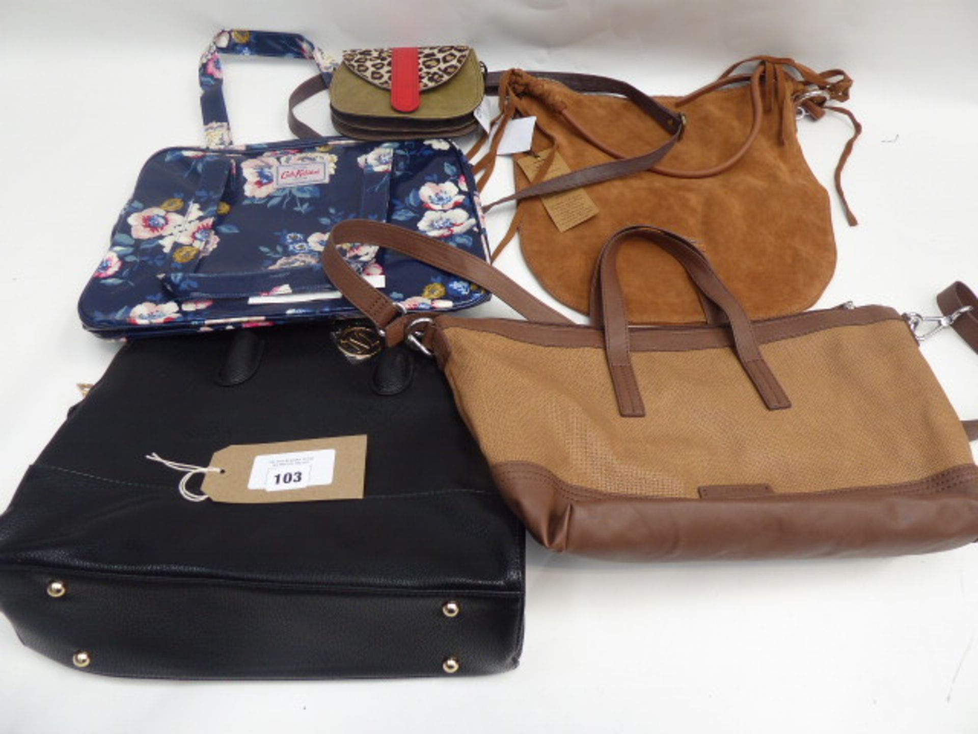 5 bags:a Cath Kidston floral bag, a suede 5th Avenue handbag, a Soruka handmade bag, a Miss Lulu