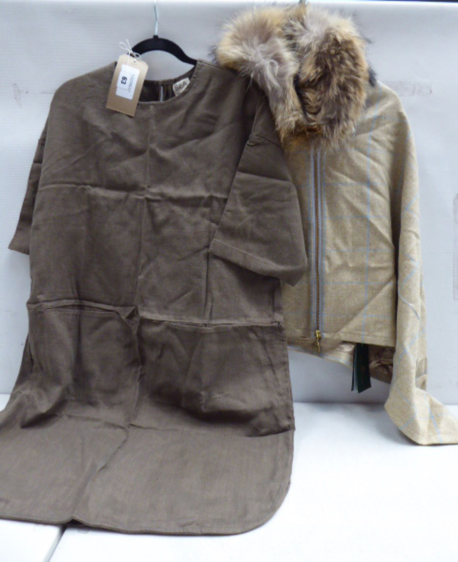 Holland Cooper wool tweed and fur wrap coat and BEATON brown linen utility shirt size small
