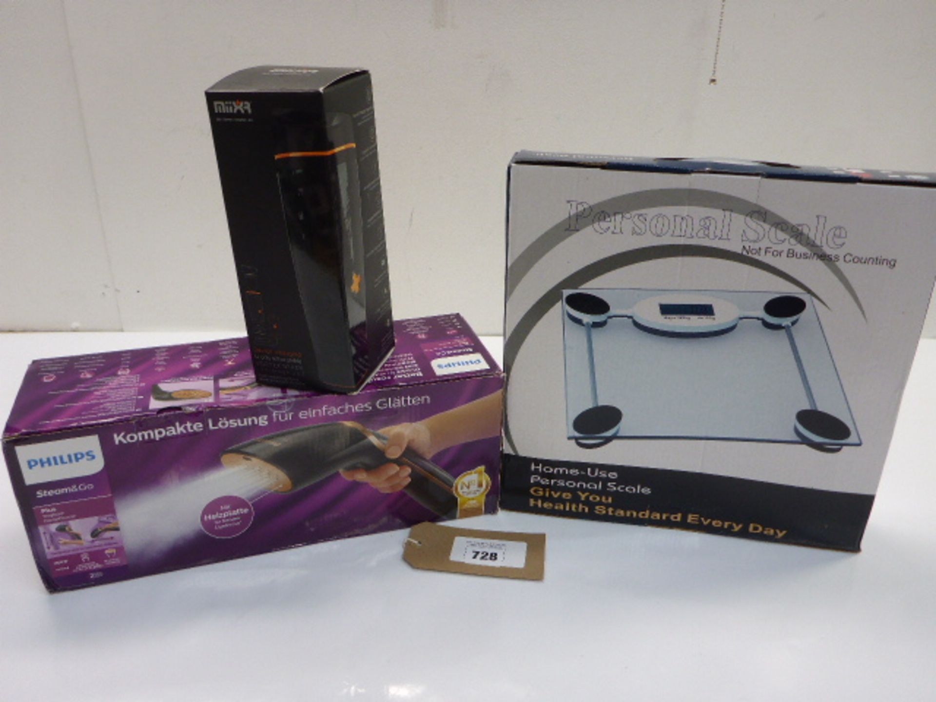 Miixr mix, drink, charge & Go bottle, Philips Steam & Go and set of personal scales