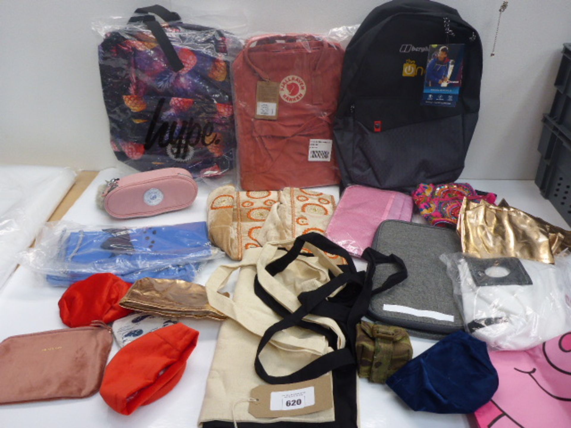 Selection of rucksacks, shopping bags etc including Fjallraven, Kipling, Bergjaus etc