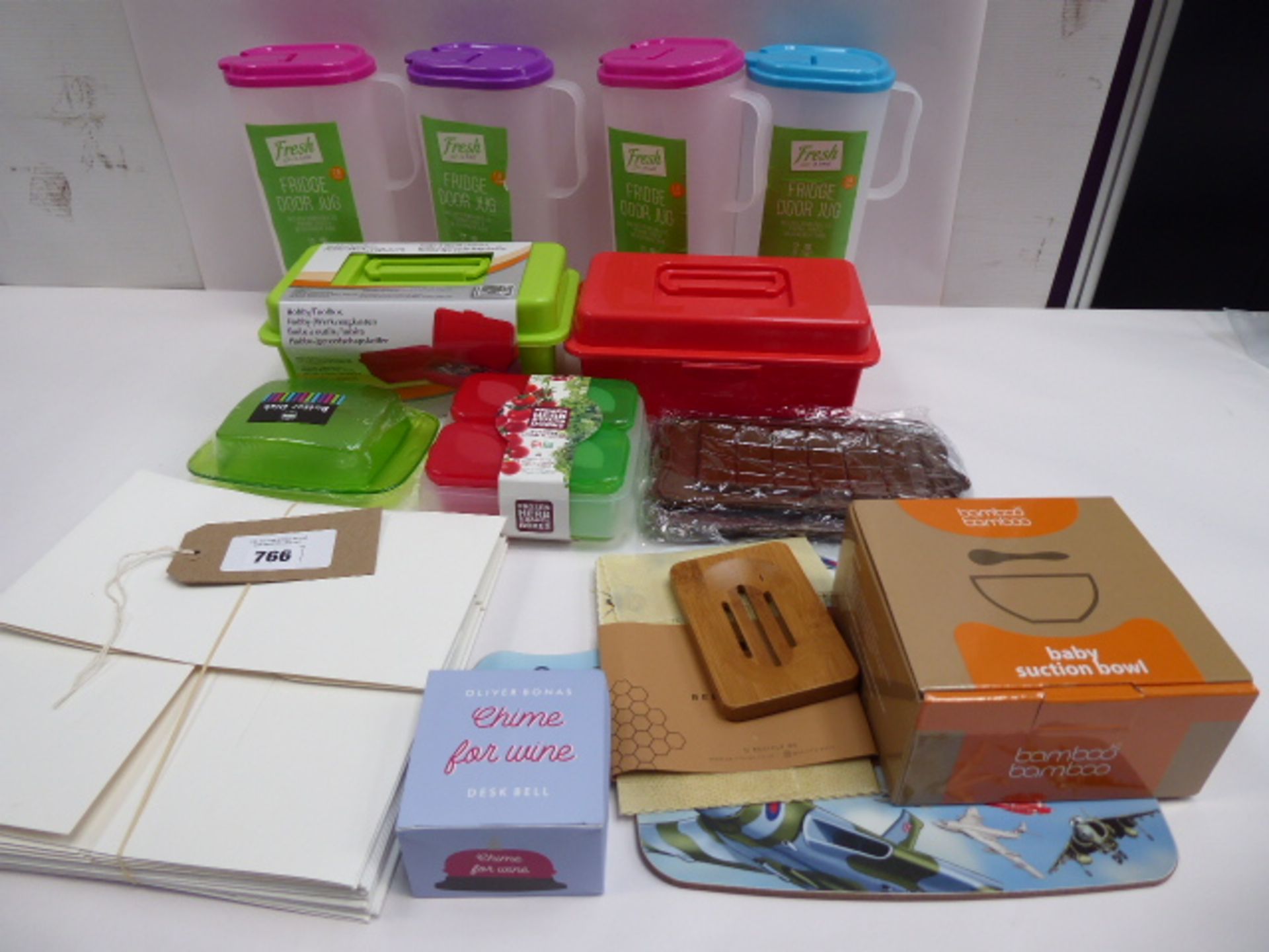 4x Fresh Fridge Door Jugs, bamboo baby suction bowl, beeswax wraps, desk bell, cake boxes, storage