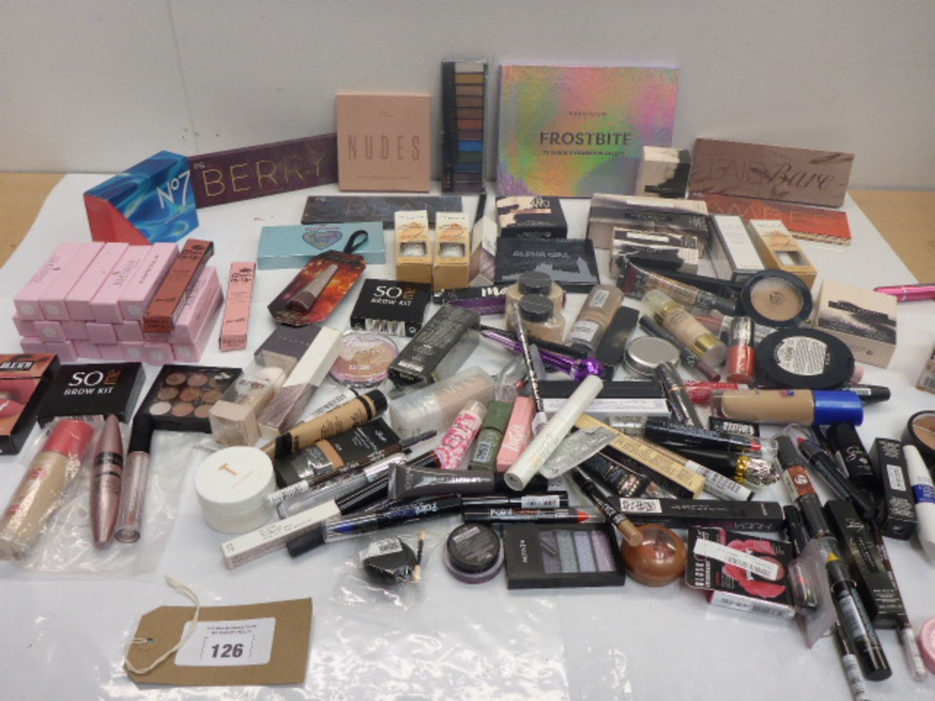 Large selection of assorted cosmetics including No. 7, Barry M, Max Factor, Fenty, Revolution,
