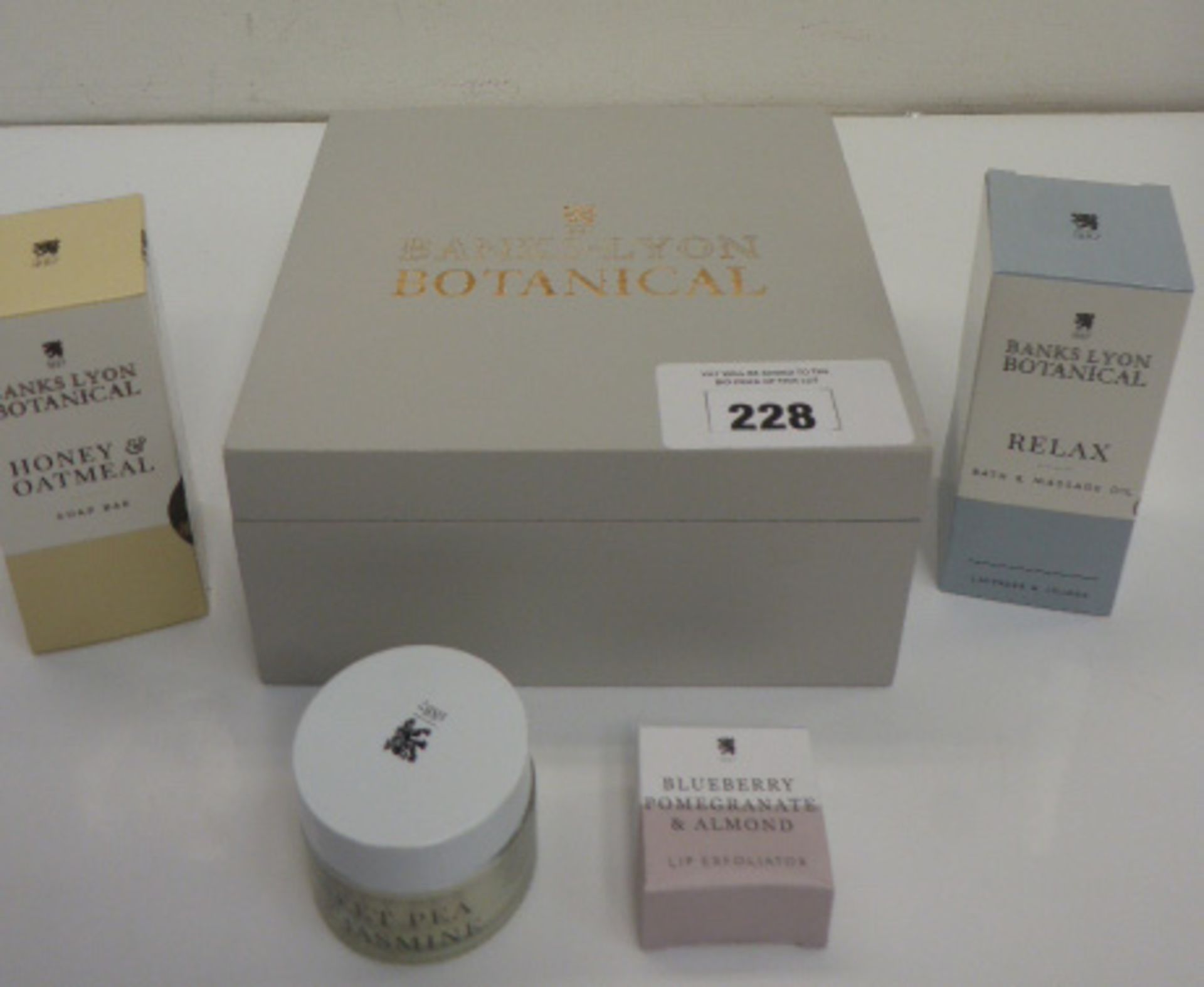 Banks-Lyon Botanical gift box set comprising soap bar, bath & massage oil, lip exfoliator and candle