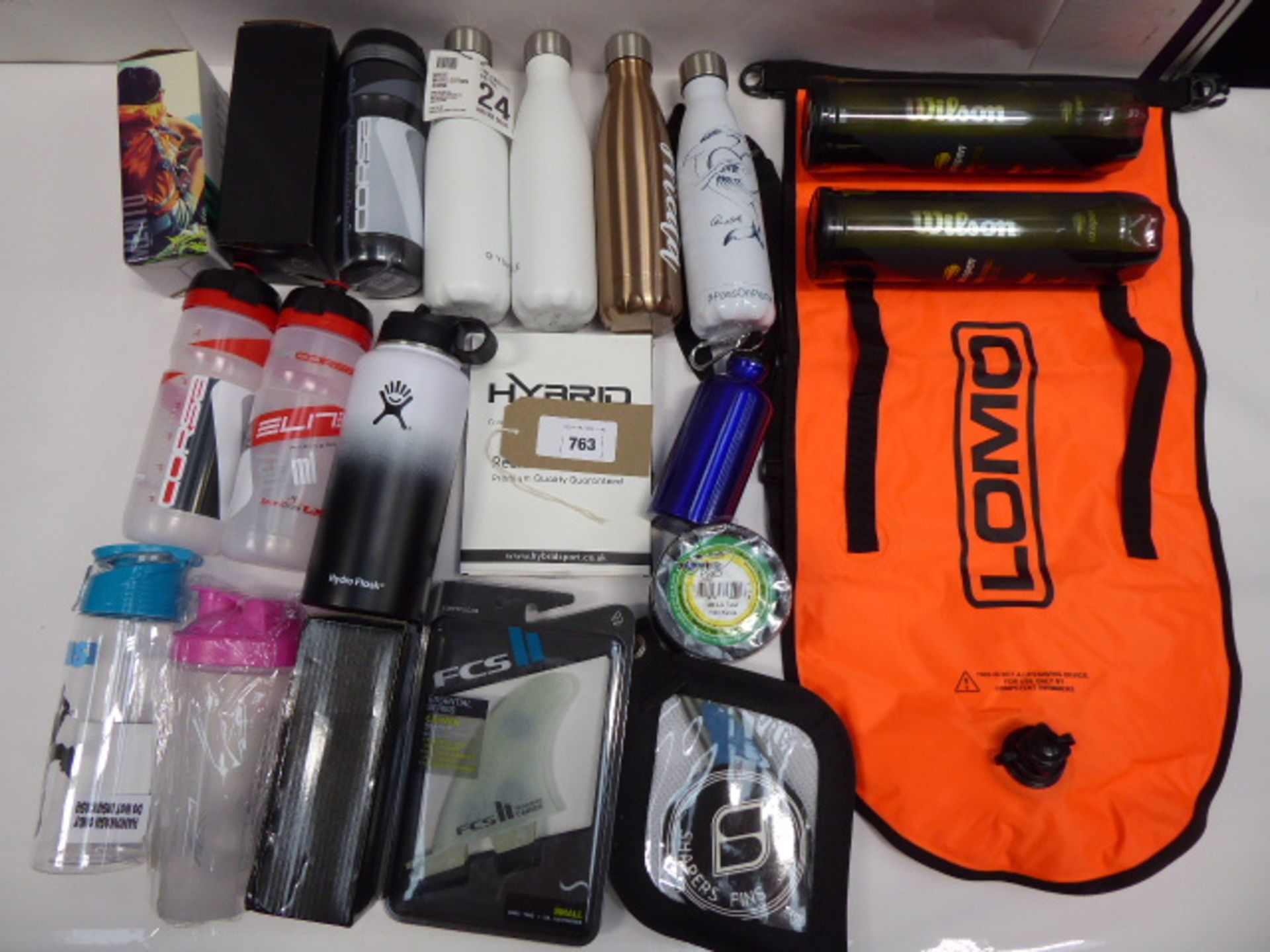 Lomo Swimming Tow FLoat, Wilson tennis balls, quantity of various flasks, resistance bands,