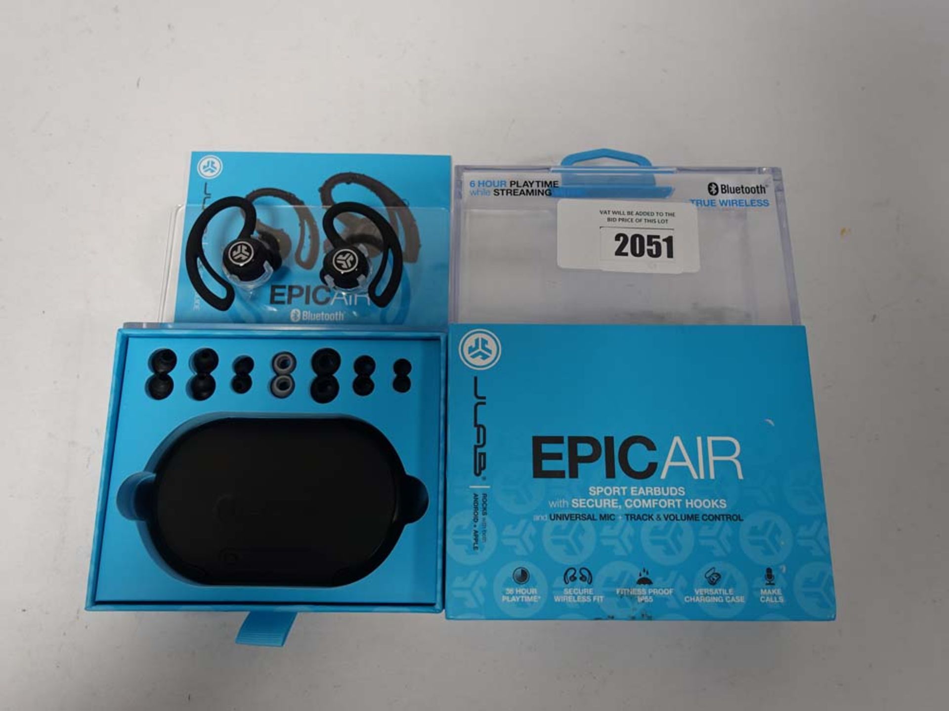 JLab Epic Air wireless earphones with case, boxed.