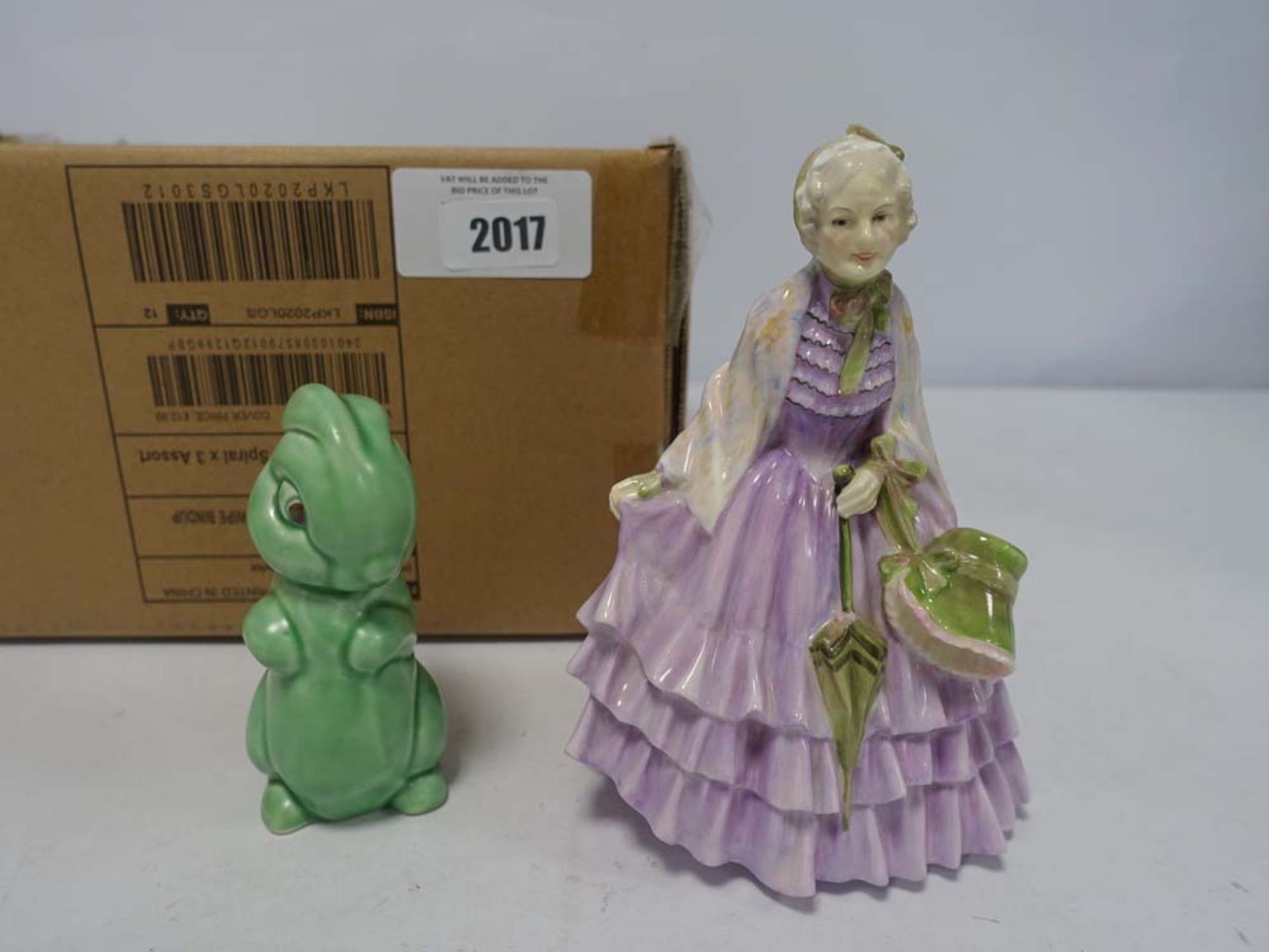 Sylvac Style Bunny in green, And Royal Doulton ''Gentle Woman'' figurine.