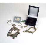 A mixed parcel of silver jewellery comprising an opal set ring, a band ring, a pendant necklace,