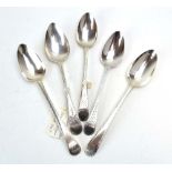 Five Georgian and later silver old English pattern tablespoons with brightcut decoration,