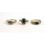 Three 9ct yellow gold dress rings set diamonds, sapphires and paste, various sizes, overall 5.