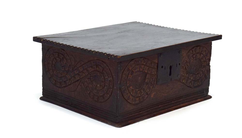 A late 17th century six-plank carved oak Bible/deed box, w.