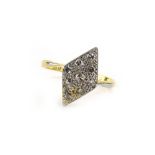 An 18ct yellow gold diamond shaped ring set nine small diamonds in illusion settings, ring size N,