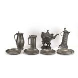 A group of 18th century and later pewter including a spirit kettle,