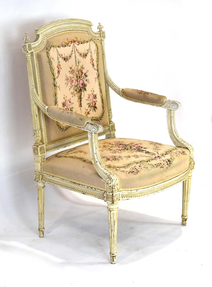 A Louis XVI-style cream and gilt highlighted salon armchair with a floral upholstered seat and back - Image 2 of 2