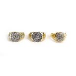 Three gentleman's 9ct yellow signet rings set paste, various sizes, overall 17.