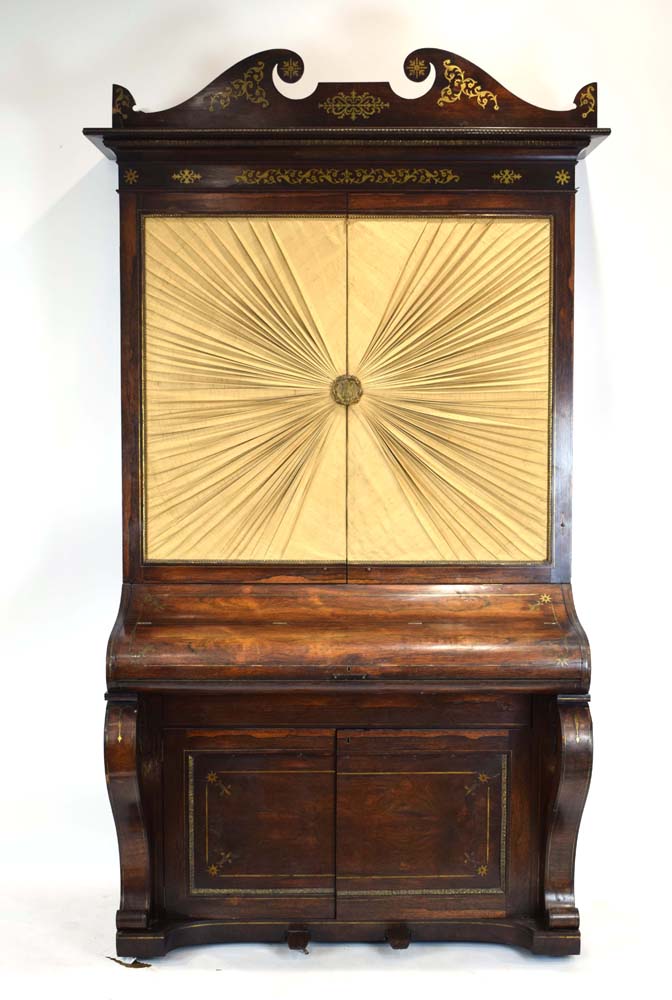 A Regency rosewood and brass mounted secretaire cabinet, later converted from a piano by Henderson,