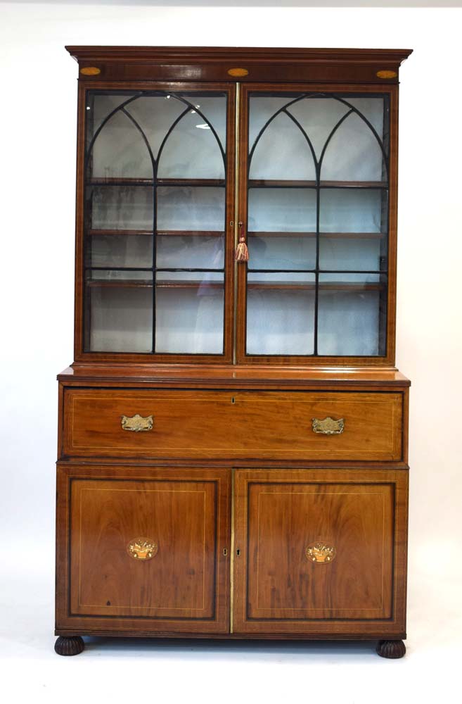 A 19th century mahogany and strung secretaire bookcase, - Image 2 of 3