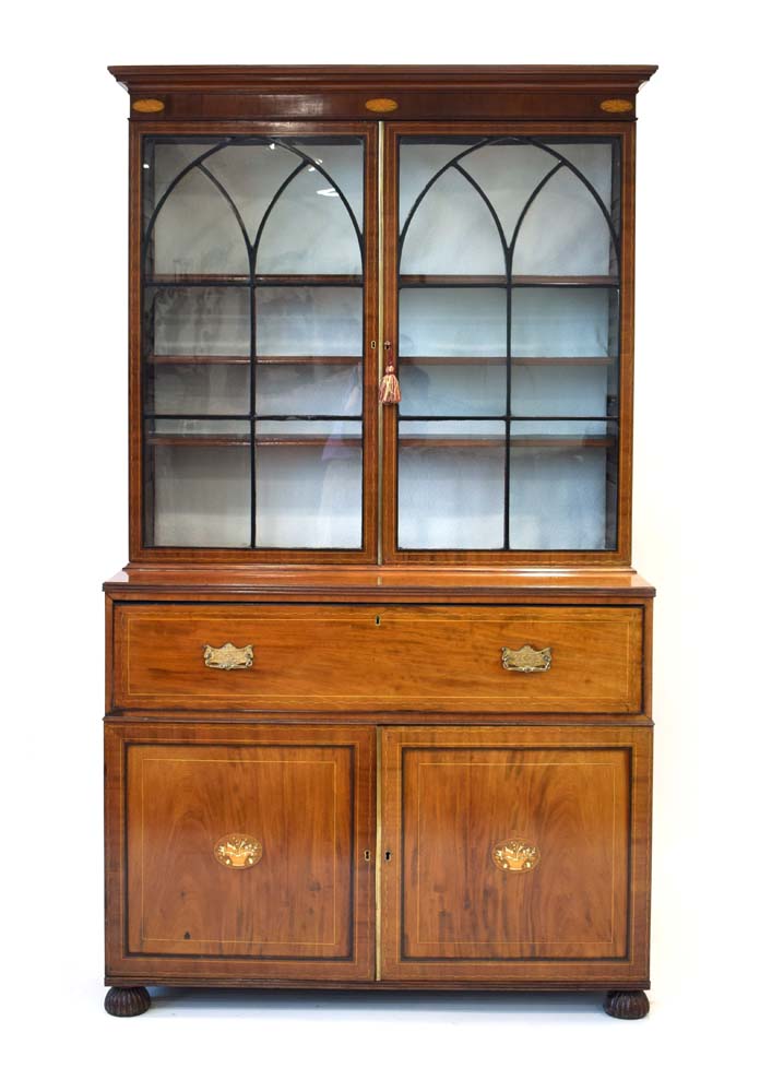 A 19th century mahogany and strung secretaire bookcase,