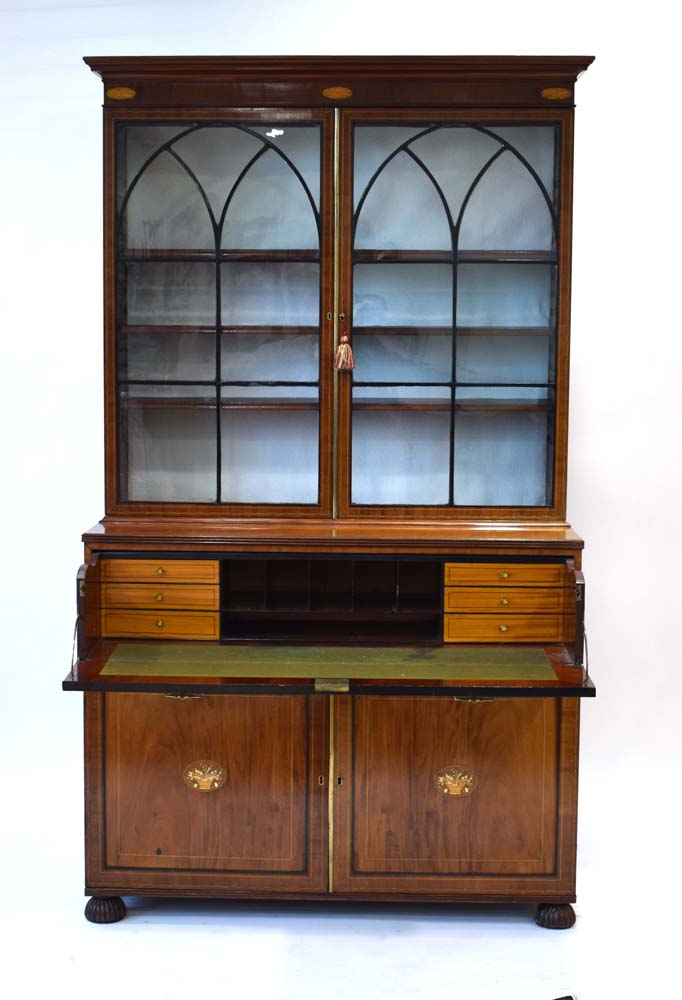 A 19th century mahogany and strung secretaire bookcase, - Image 3 of 3