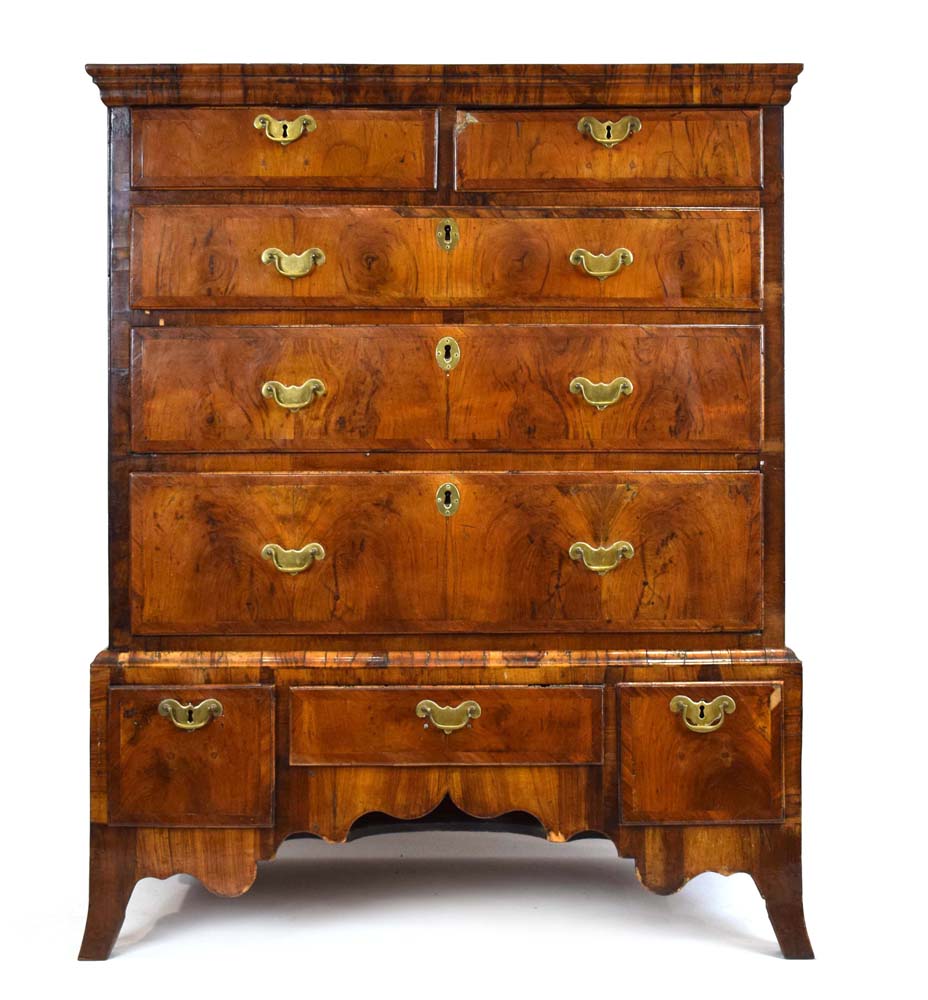 A George II walnut, oak and crossbanded chest on stand,