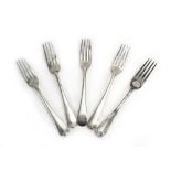 Five Georgian old English pattern table forks, various dates and makers,