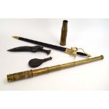 A group of collectable's including a six-drawer telescope, a powder flask, a kukri knife etc.