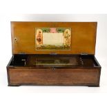A 19th century Swiss cylinder music box, playing on twelve airs, within a mahogany,