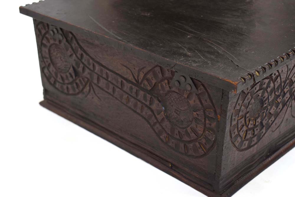 A late 17th century six-plank carved oak Bible/deed box, w. - Image 3 of 4