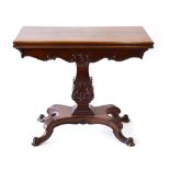 A George III mahogany and satinwood strung folding card table on an acanthus leaf capped column,