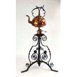 An early 20th century copper spirit kettle on stand, in the manner of W.A.S. Benson, h.