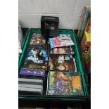 Crate of various DVDs with 2 crates of board games, toys, etc.