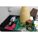 2 crates containing quiz games, wooden vase, 2 brass light fixtures and table lamp