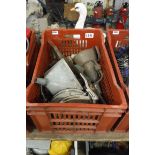 Red crate containing quantity of galvanized gutter hoppers, hand tools, finials etc