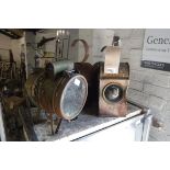 3 railway lanterns and paraffin spotlight