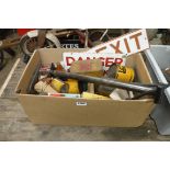 Cardboard box containing collectable tins, hand tools and rope together with Danger Men Working