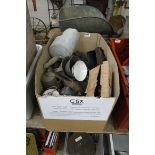 Box containing metalwares inc. funnels, pourers, scoops and moulds