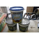 3 tubs of Ronseal fence paint in Tudor black oak, dark oak and medium oak