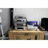 2 boxed Eltax floor standing speakers with Technics CD changer, Technics stereo sound processor,