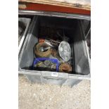 Crate containing mixed tooling, gauges, smelting pot, other measuring pots and propeller