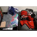 2 crates containing Kitchenaid oven glove sets, cool bag, bath towel, plush mermaid tail and gents