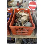 Red crate containing quantity of mixed metalware inc. railway lantern, Venner time switch,