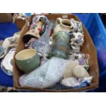 Two boxes containing glassware , Holkham pottery, foot warmers, commemorative ware, crystal and