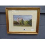 Framed and glazed watercolour of Baronial Home