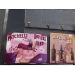 2 modern tin signs for Gin, Whisky and Butlers ales