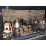 Cage containing a qty of silver plate to inc. hot water jugs, teapots, tray, bowls and character